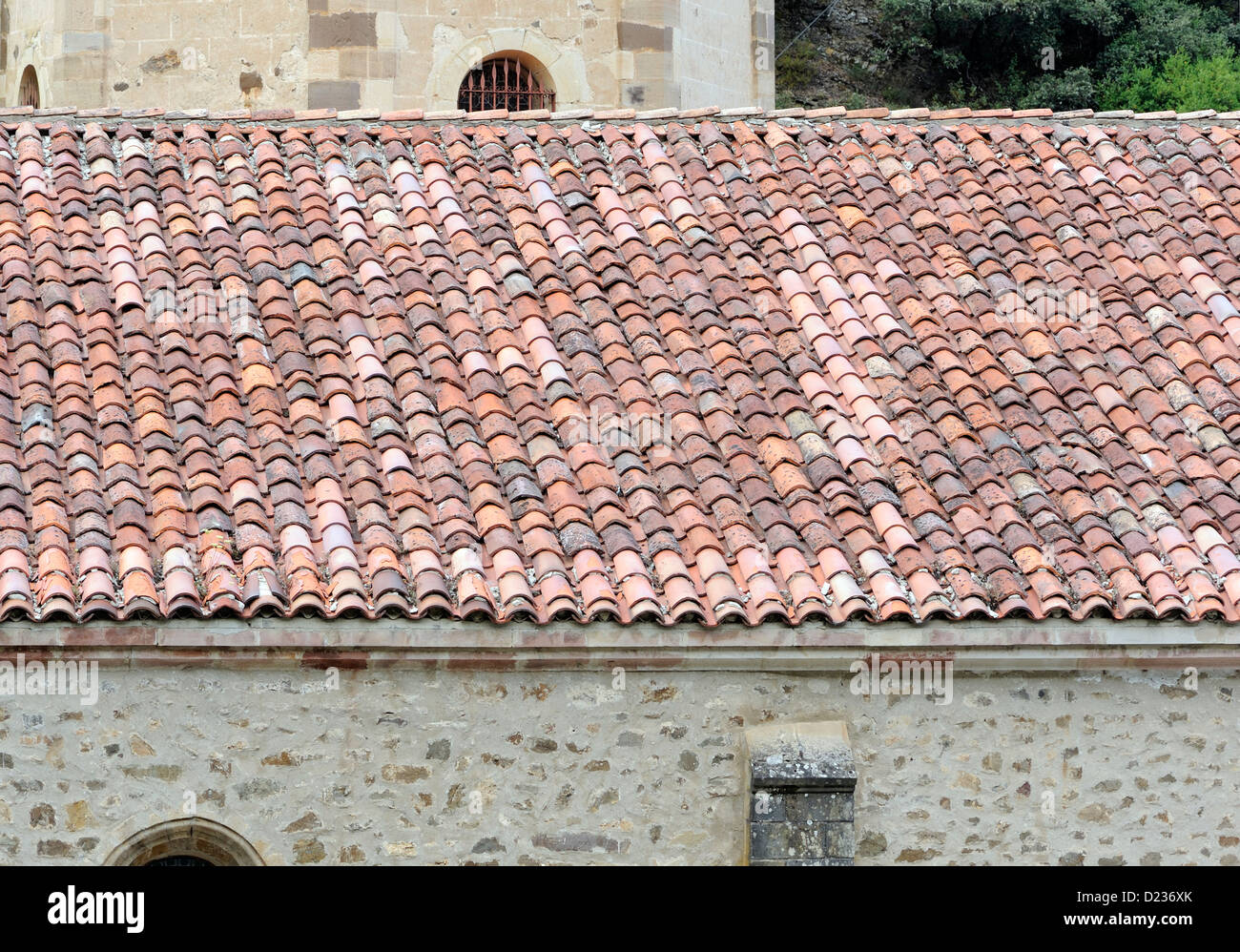 Roof tiles on the Monasterio de Santo Toribio de Liébana. Camaleño,  Cantabria, Spain. Stock Photo