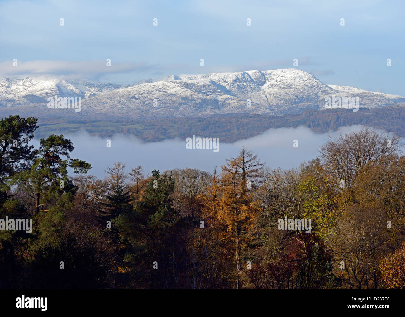 The Coniston Fells with cloud inversion over Windermere. Holehird, Lake ...