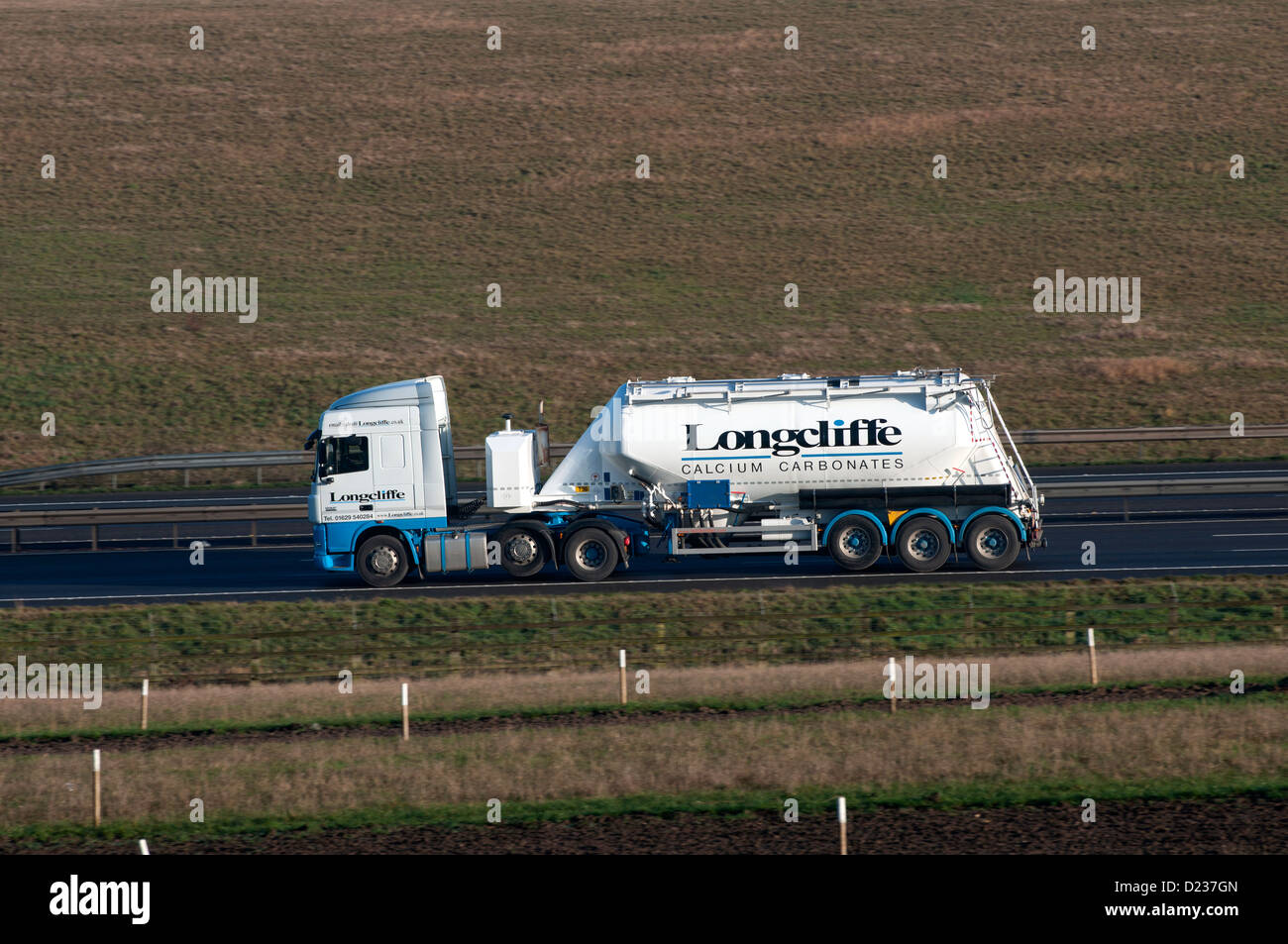 Longcliffe calcium carbonates tanker lorry on M40 motorway, UK Stock Photo