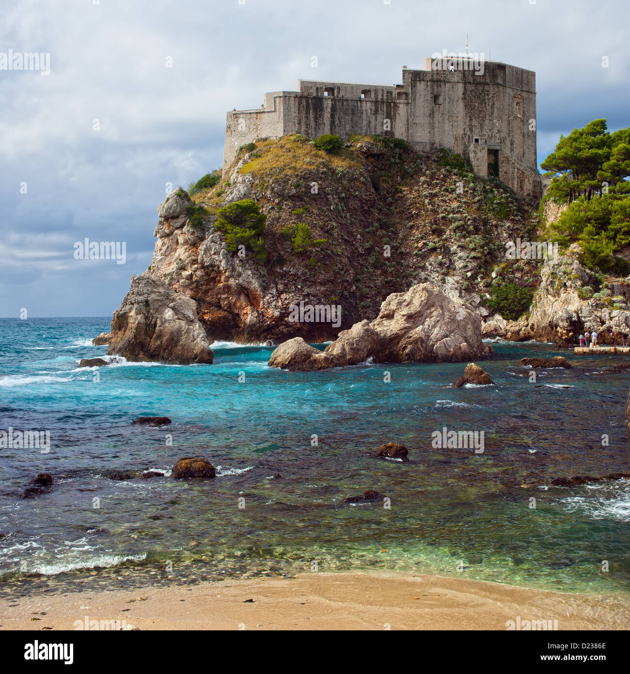 Fort Lovrijenac on a high cliff and small bay of the Adriatic Sea in Dubrovnik, Croatia, Dalmatia region. Stock Photo