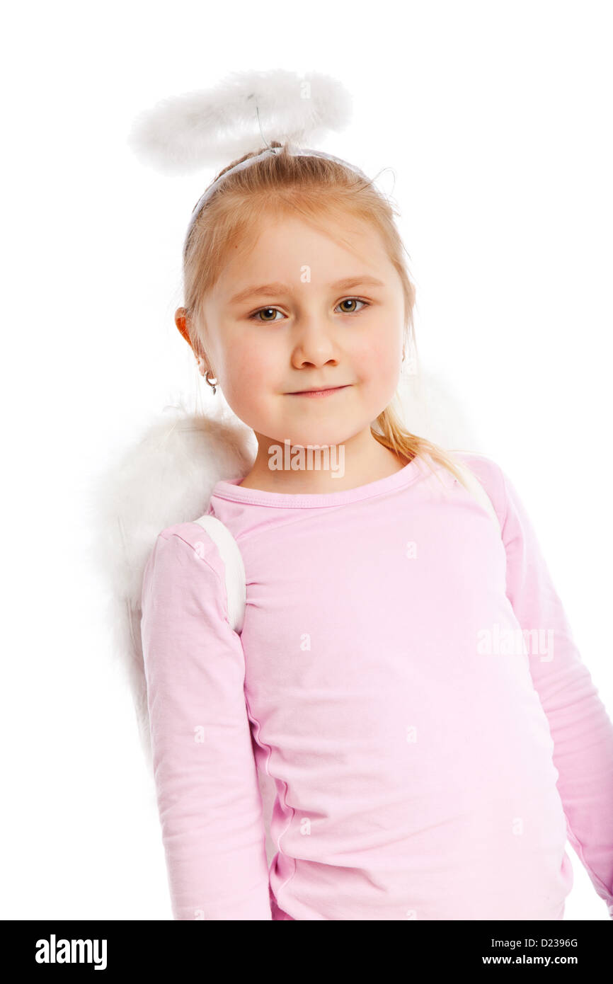 Little girl in angel costume. Studio shot. Stock Photo