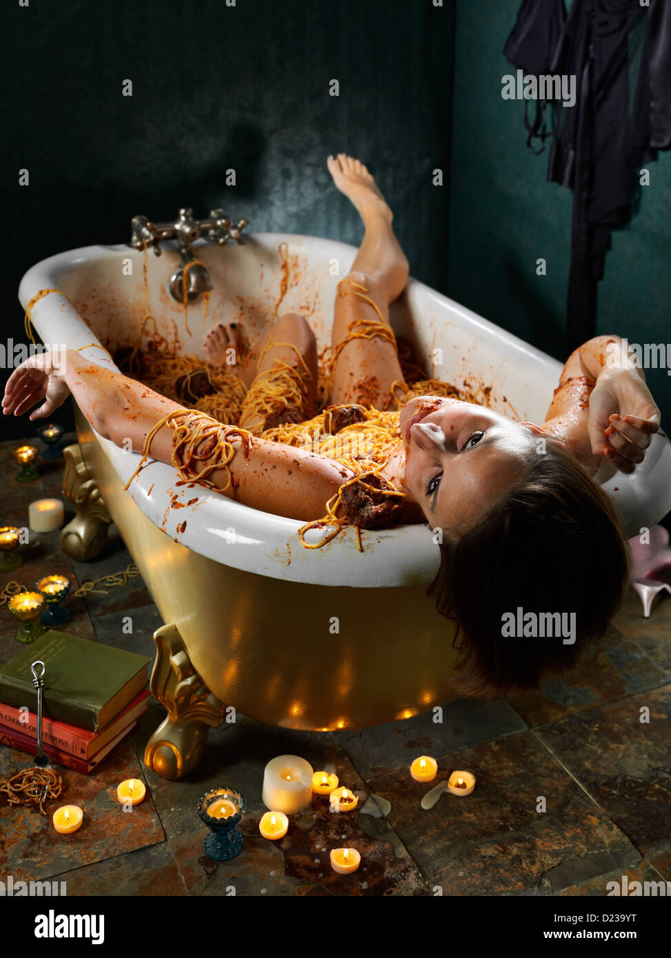 Food Crime scene with death by gluttony. Stock Photo