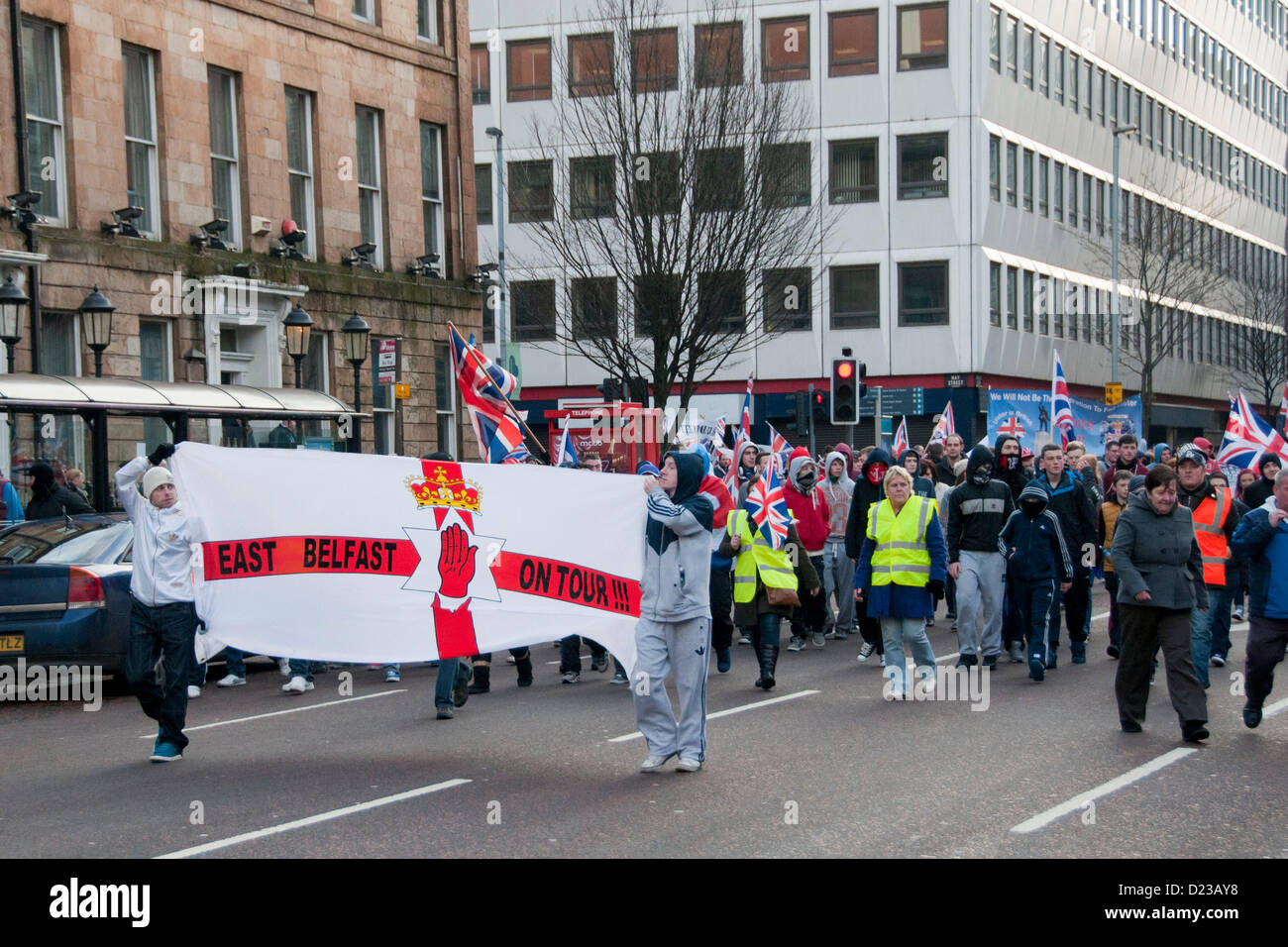 Belfast, UK. 12th Jan, 2013 Loyalists march to Belfast City Hall to