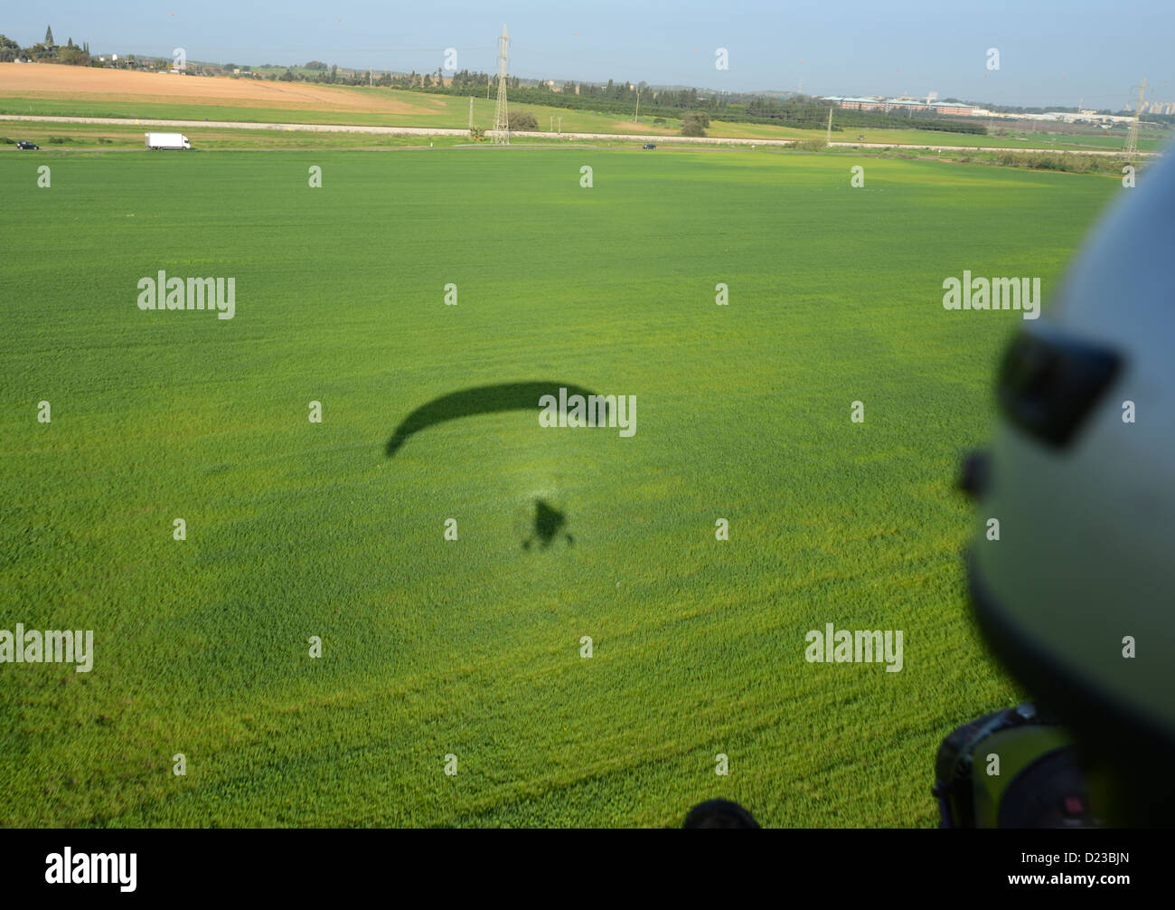 Silhouette of a Motor Paraglider Photographed in Israel, Coastal Plains Stock Photo