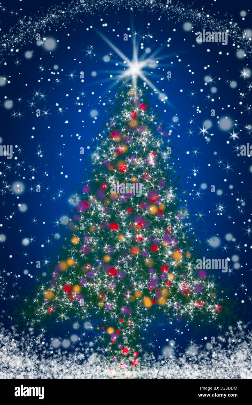 Sparkly Christmas Tree on Blue Starry Night Sky Illustration Stock ...