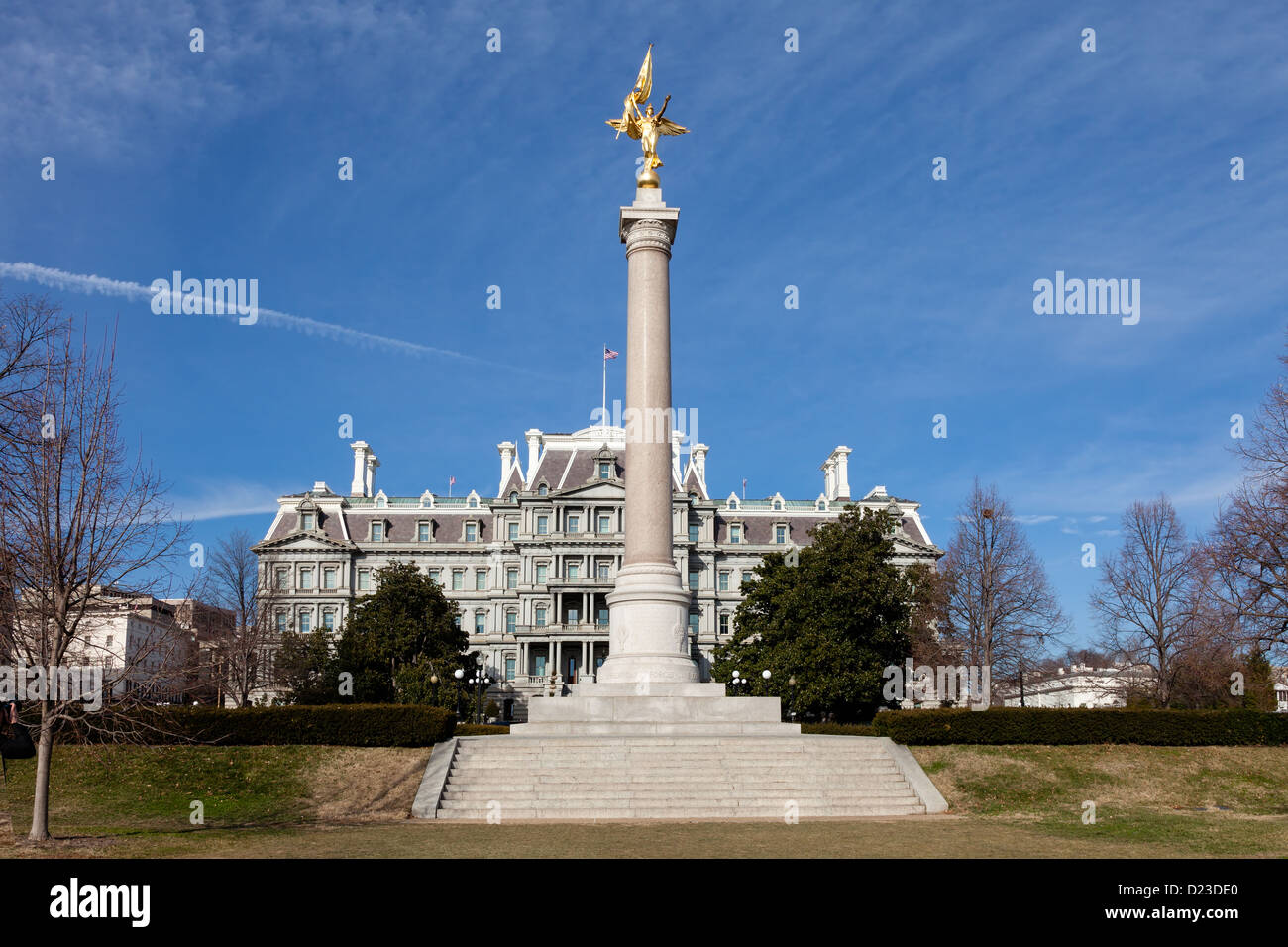 First Division Monument and Eisenhower Executive Office Building Washington DC in Winter Stock Photo