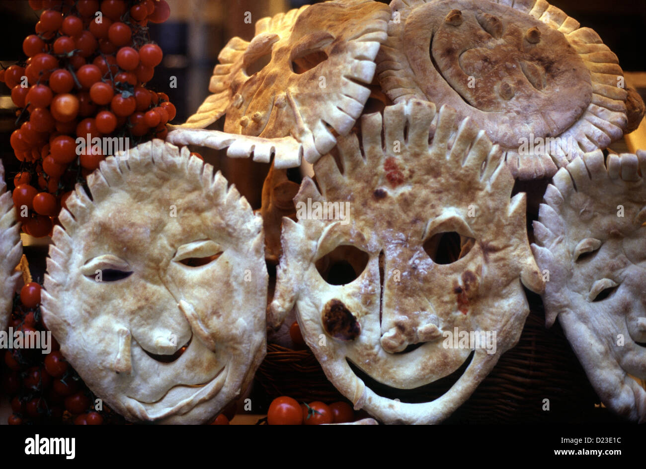 Decorative bread displayed in a restaurant window during Venice
