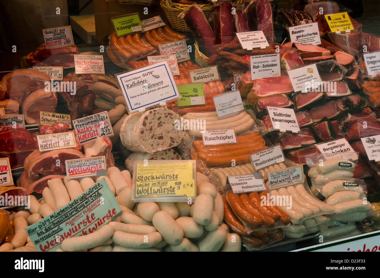 Sausages on display in butcher's shop in Munich, Germany Stock Photo