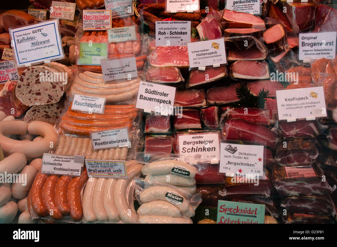 Germany. Sausages on display in Munich butcher's shop near the