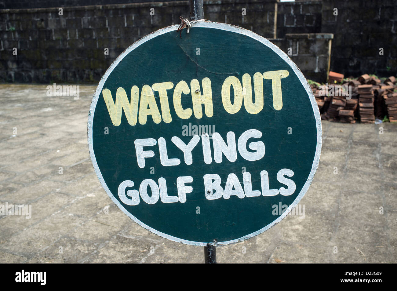 Watch Out Flying Golf Balls Sign Old City Ramparts Intramuros Manila Phillipines Stock Photo