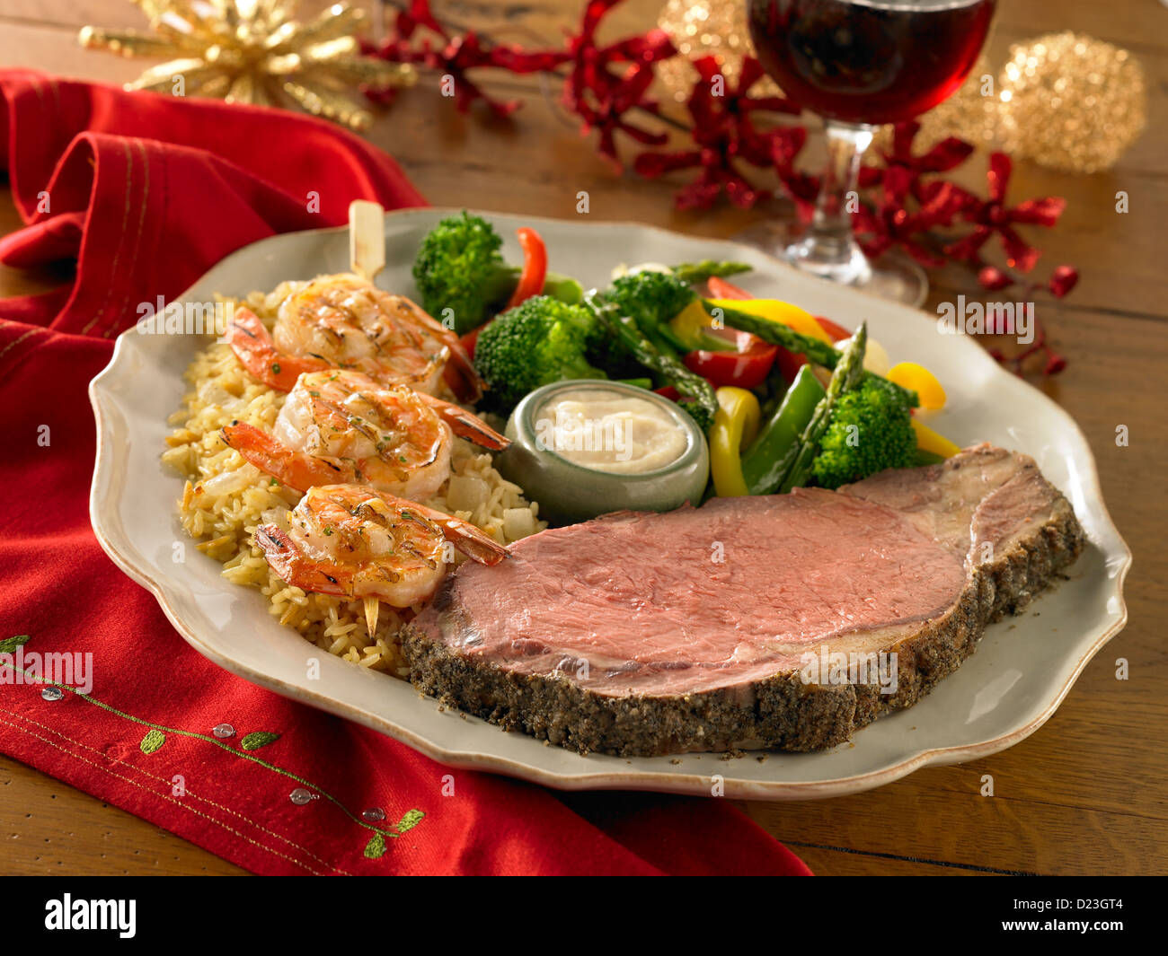 Prime Rib And Shrimp Dinner With Mixed Vegetables Rice And A Glass Stock Photo Alamy