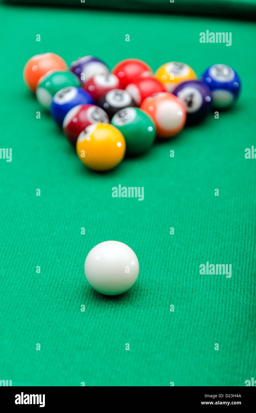 Pool game balls on green felt table Stock Photo Alamy