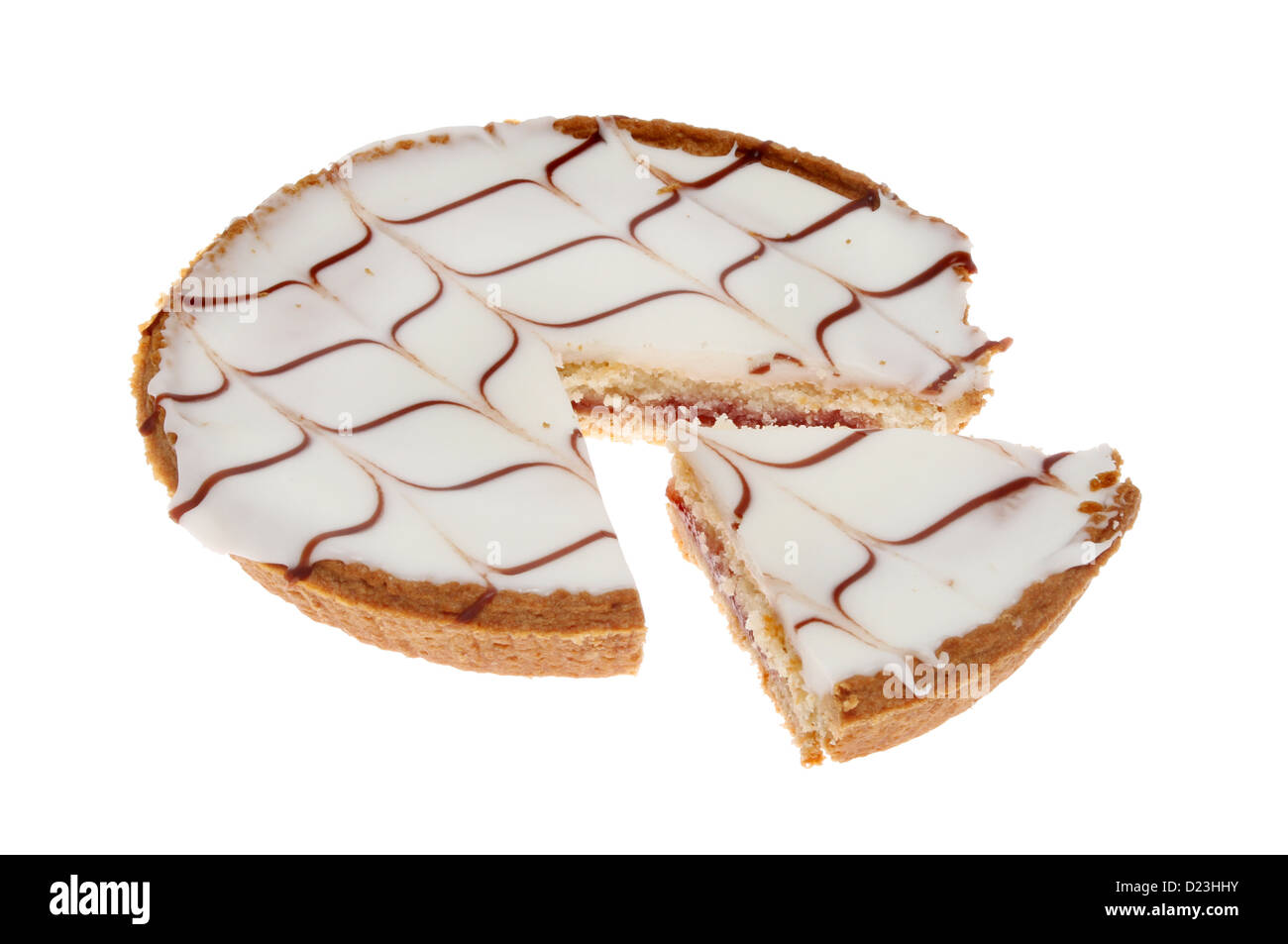 Bakewell pie chart, iced bakewell tart with a section cut out isolated against white Stock Photo