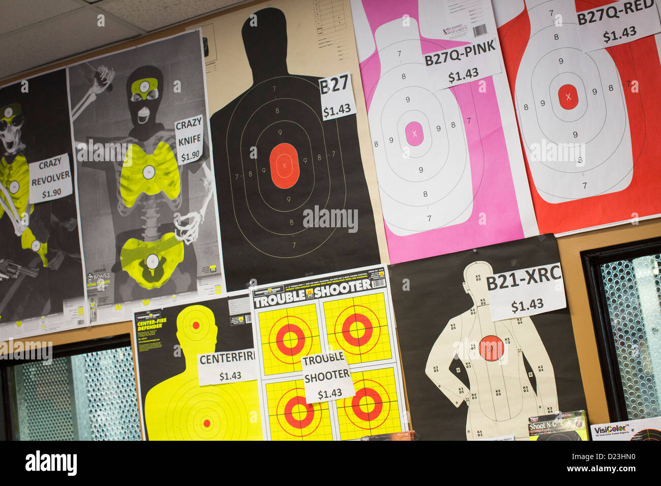 Shooting targets on display at a gun shop.  Stock Photo