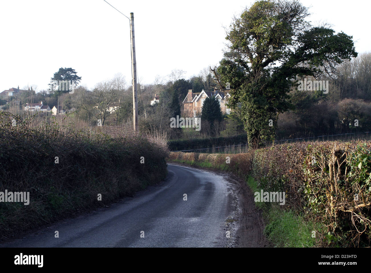 Bend in a dangerous rural road, near Bleadon, Weston super Mare, North Somerset, England, UK Stock Photo