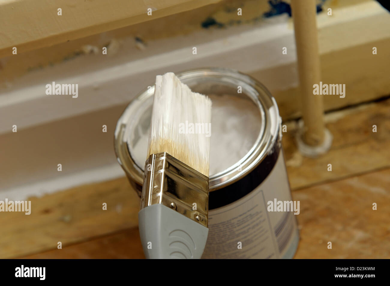 painting skirting board with white gloss paint Stock Photo Alamy