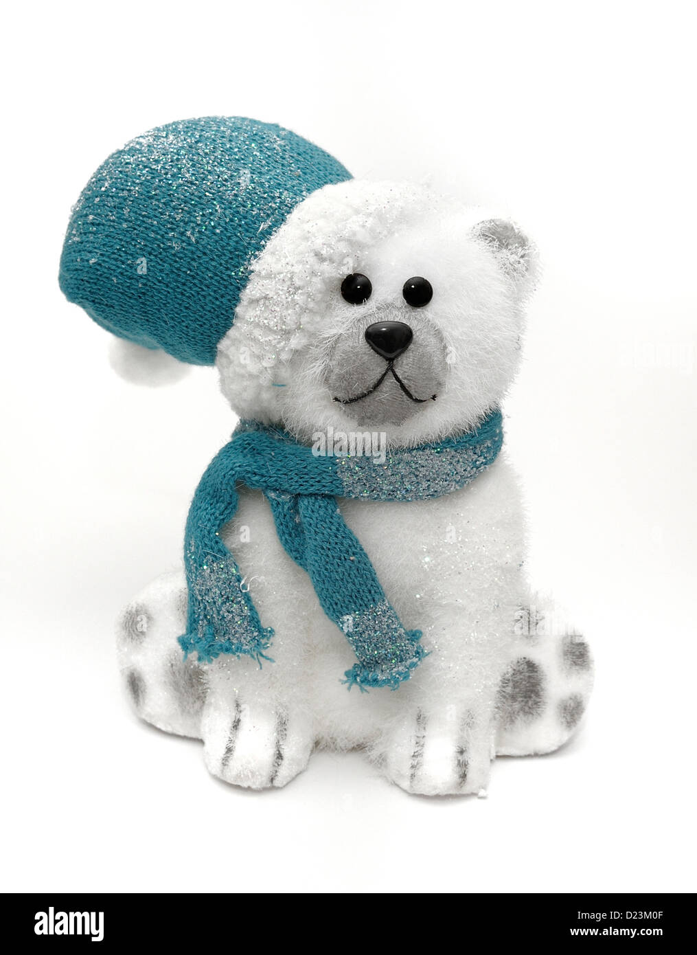 polar bear in blue hat and scarf Stock Photo