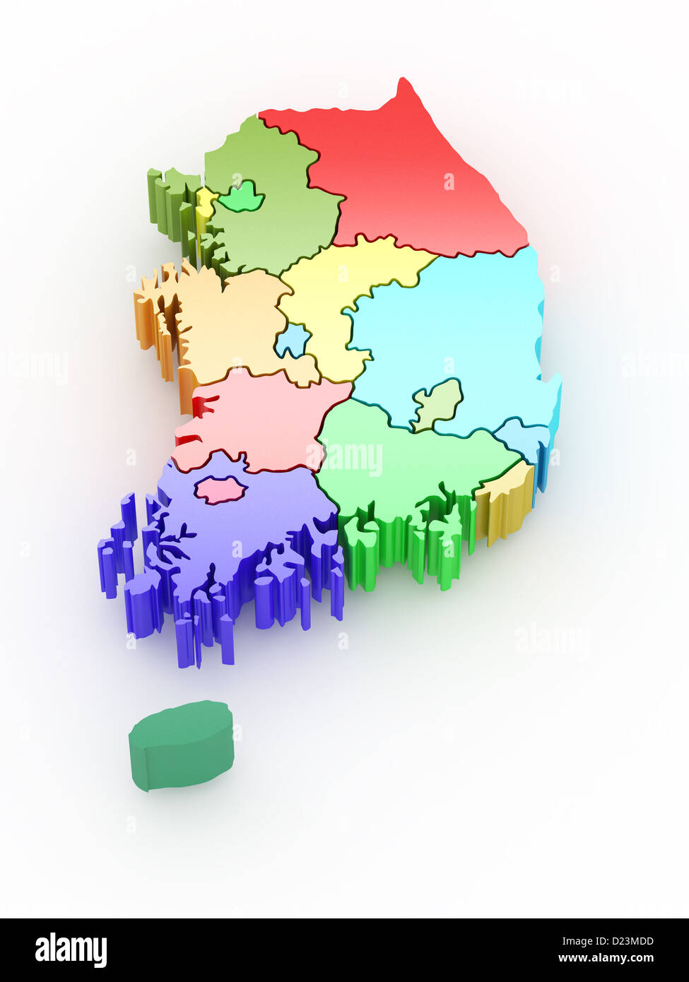Three-dimensional map of Southern Korea on white isolated background. 3d Stock Photo