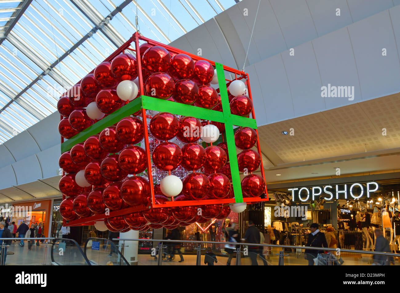 Large Christmas bauble decorations in Lakeside Essex shopping mall