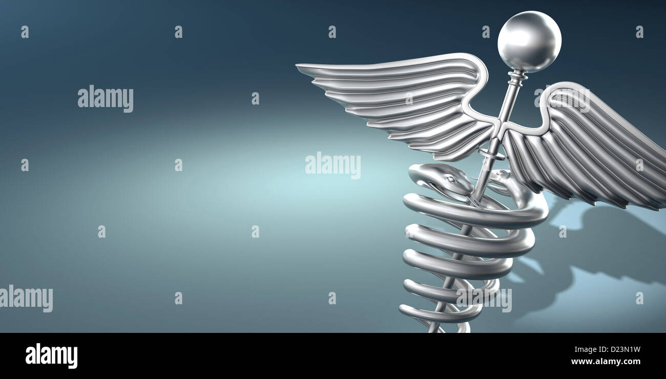 Caduceus health care symbol and medical icon as a medicine concept with  snakes crawling on a pole with wings on a chrome metal texture on a black  graph background Stock Photo -