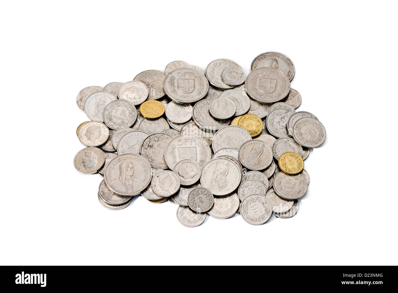 A pile of dirty, used, modern Swiss Francs (CHF) coins with copy space. All current Swiss coin denominations are represented. Stock Photo