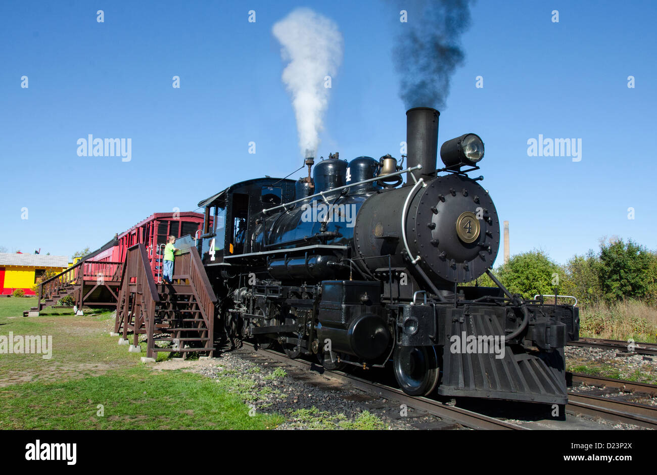 The Lumberjack Steam Train in Laona, Wisconsin, a vintage steam train which takes visitors to the Camp 5 Logging Camp. Stock Photo