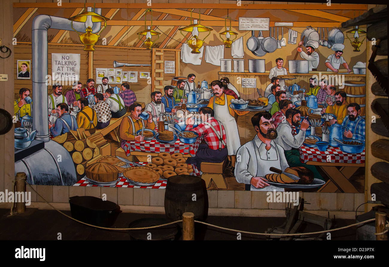 Mural of loggers dining room at the Camp 5 Logging Camp in Laona, Wisconsin Stock Photo