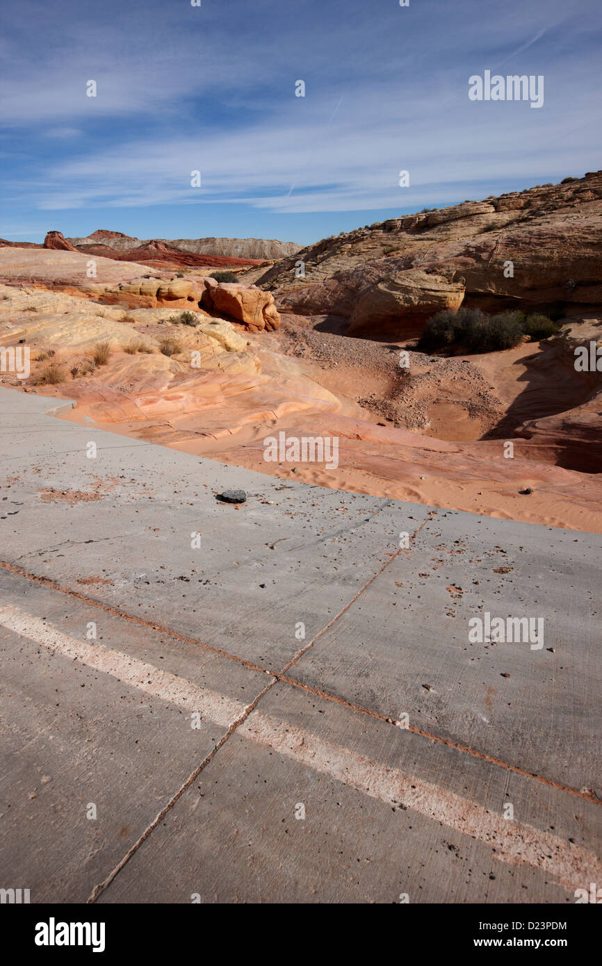 concrete reinforcement of flood water run off from road through the valley of fire state park nevada usa Stock Photo
