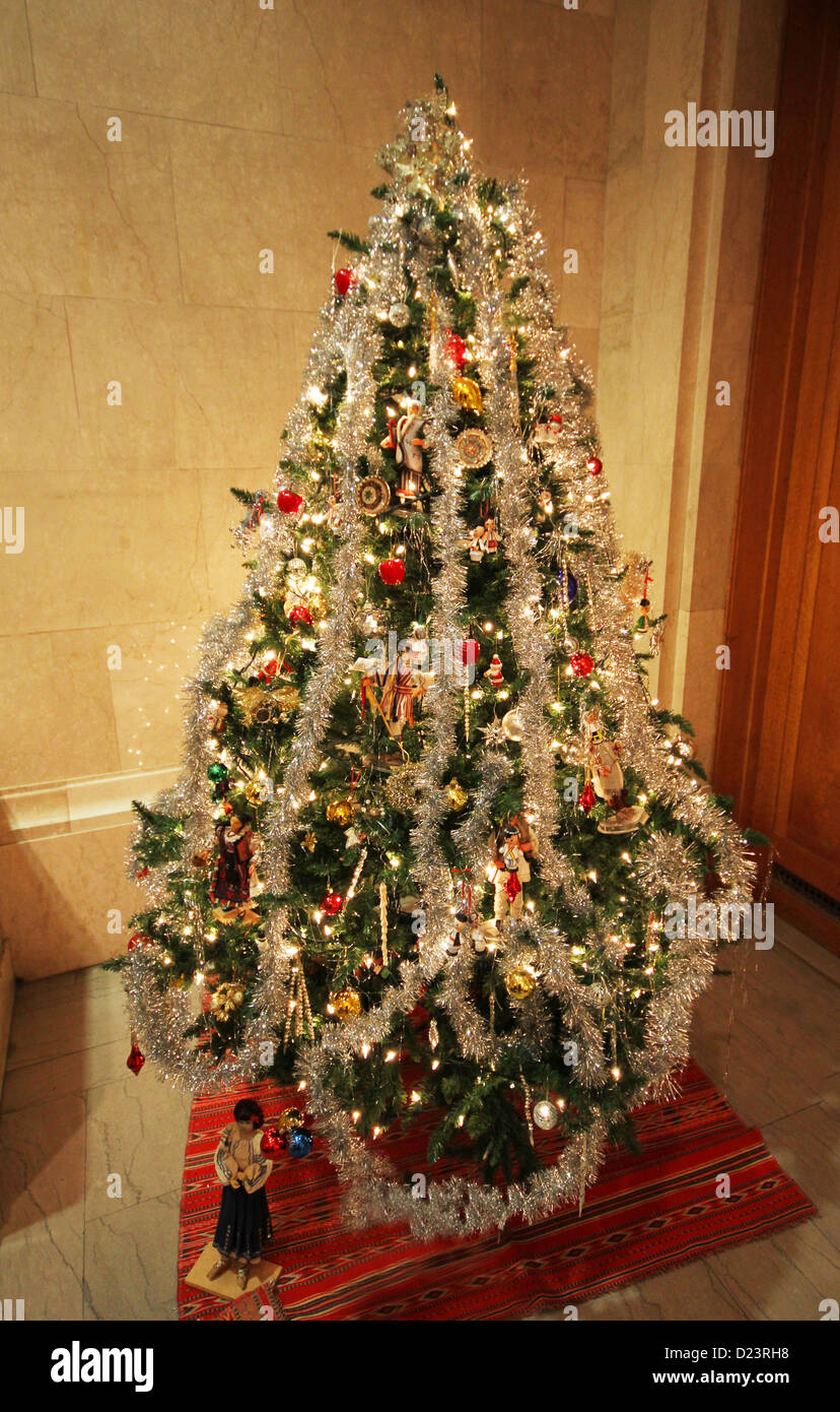 Romanian traditional Christmas tree with colorful ornaments Stock Photo