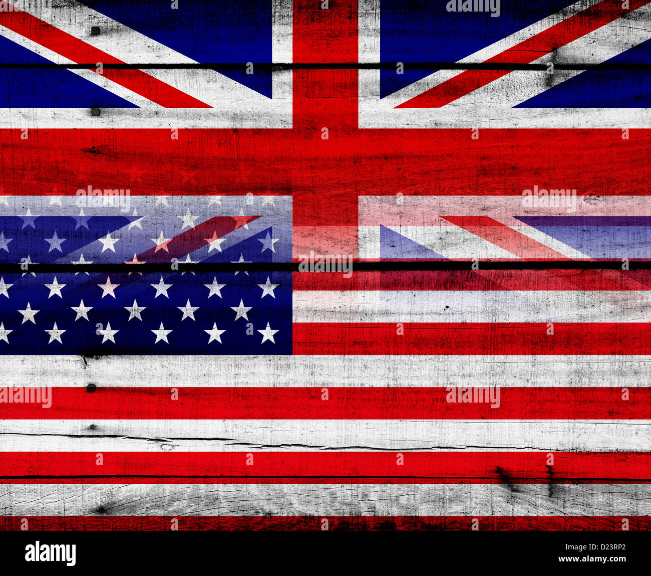 American flag and Union Jack flag montage with wood textured background