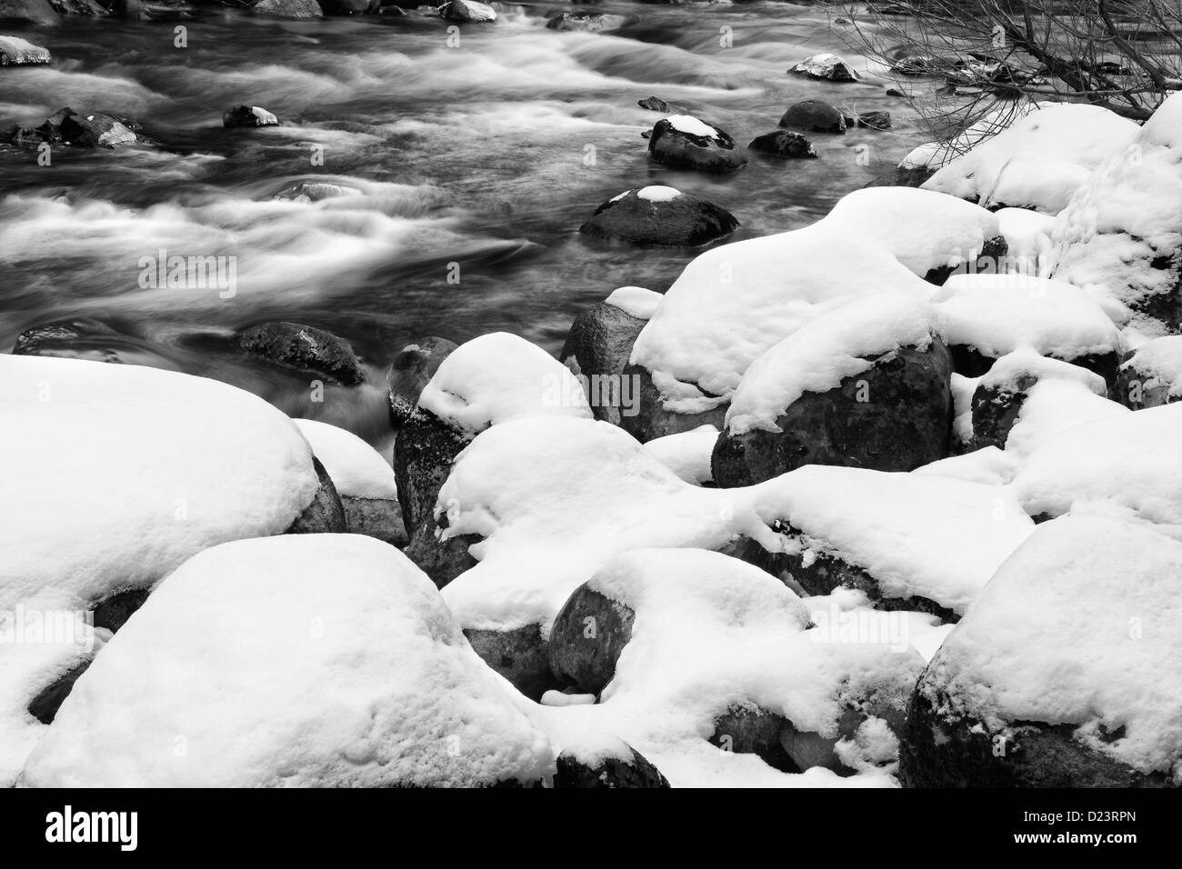 Black and White of the Merced river in Yosemite, California in snow Stock Photo