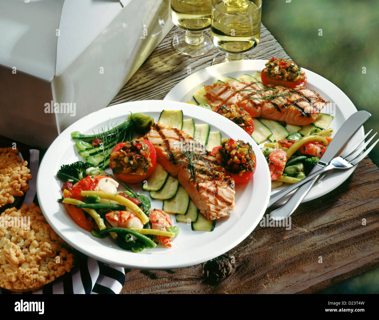 Grilled salmon picnic with white wine Stock Photo