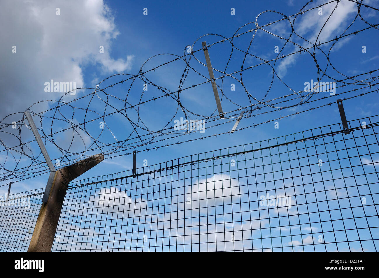 Security fencing with razor-wire against a blue and cloudy sky Stock Photo