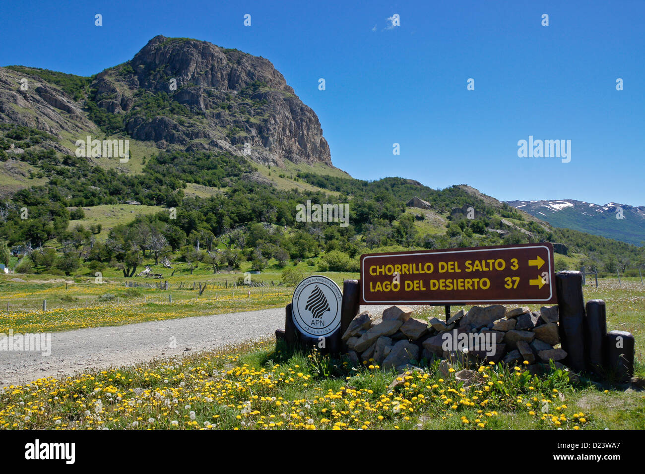 Road sign in Los Glaciares National Park, Patagonia, Argentina Stock Photo