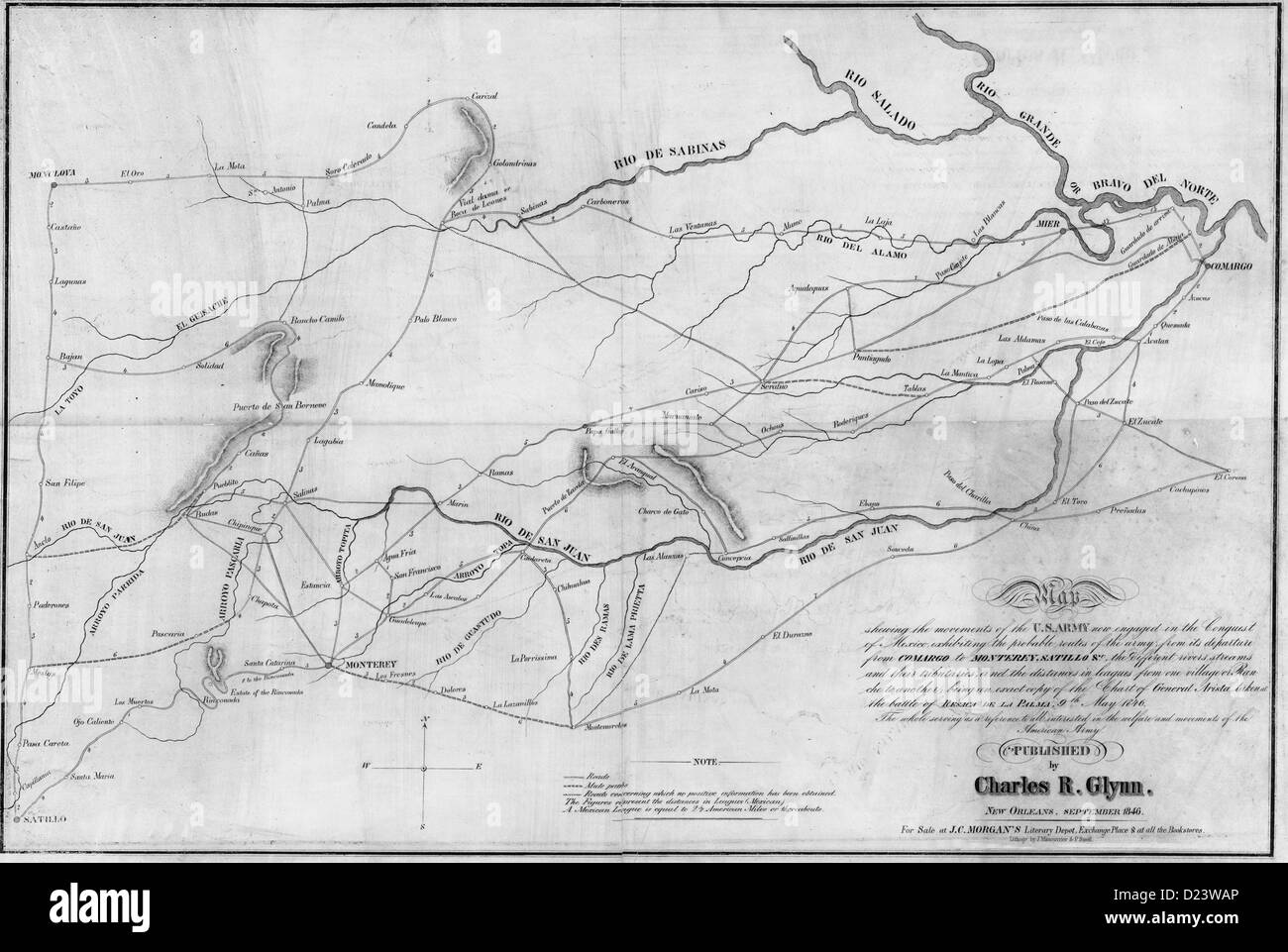 Map shewing the movements of the U.S. Army now engaged in the conquest of Mexico : exhibiting the probable routes of the army from its departure from Comargo to Monterey, Satillo &c. ... Mexican-American War 1846-1848 Stock Photo