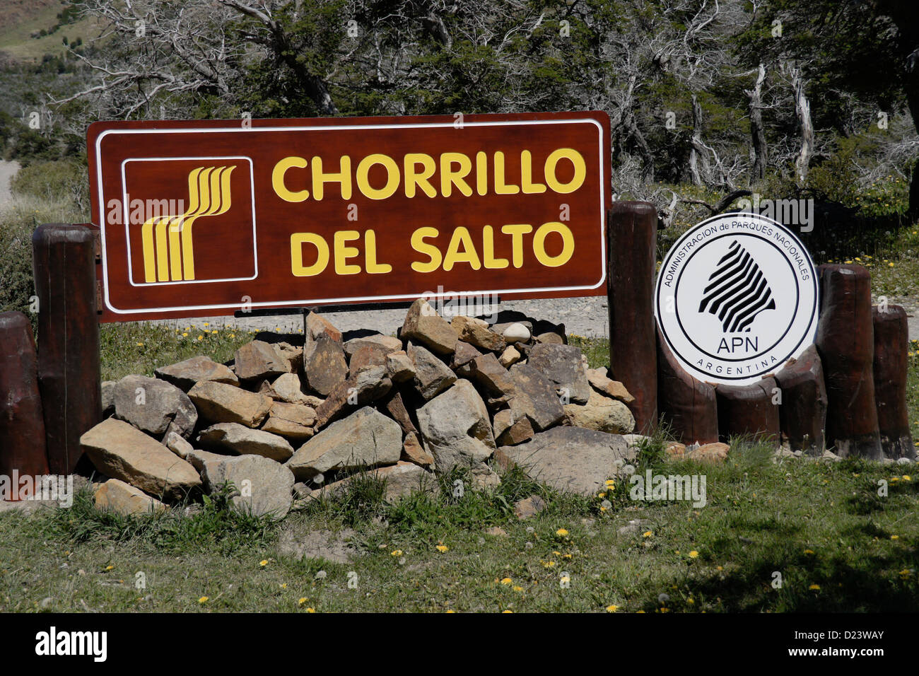 Sign for waterfall in Los Glaciares National Park, Patagonia, Argentina Stock Photo