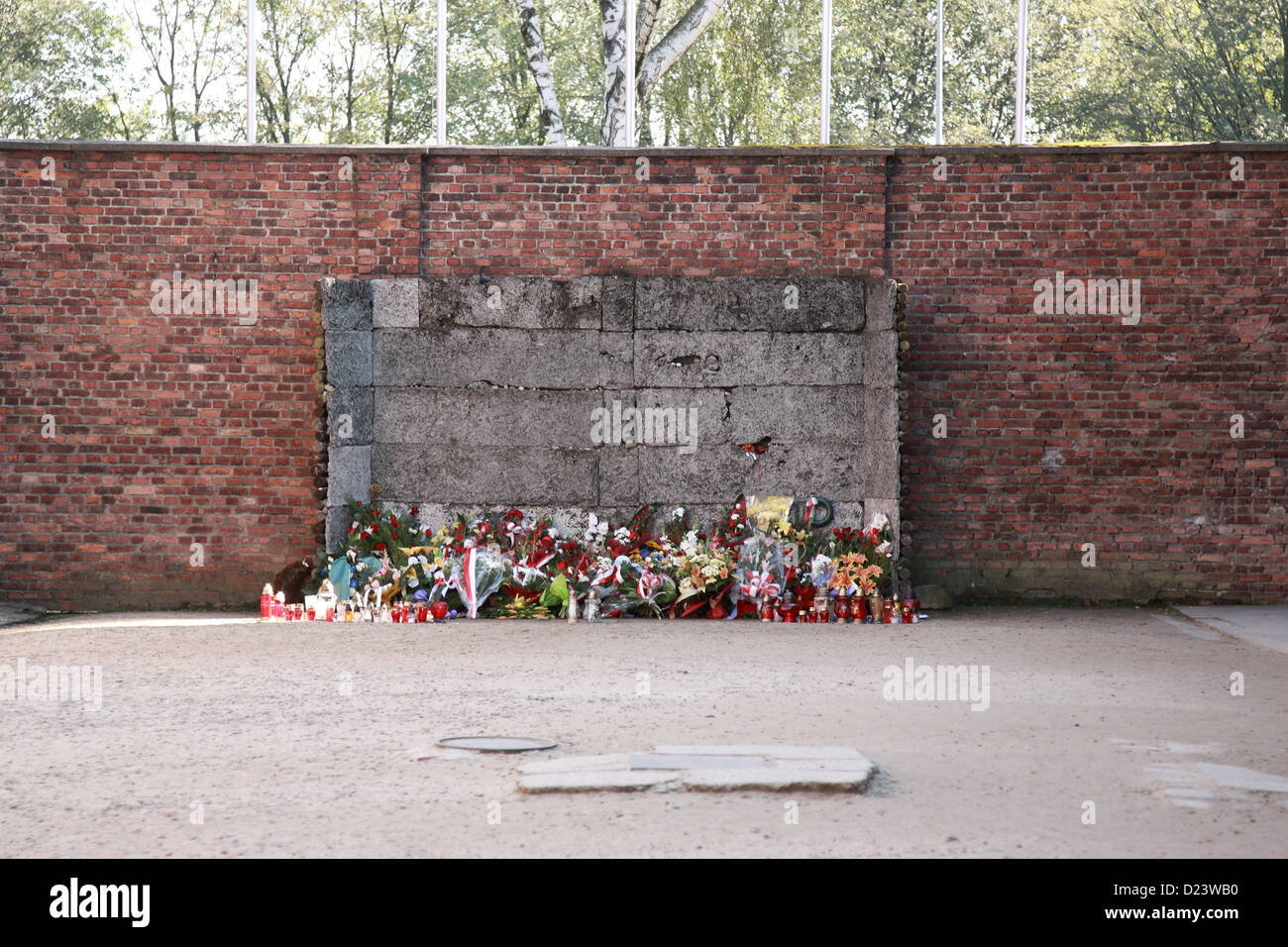 The wall that prisoners stood in front of waiting to be executed, Auschwitz concentration camp, Poland Stock Photo