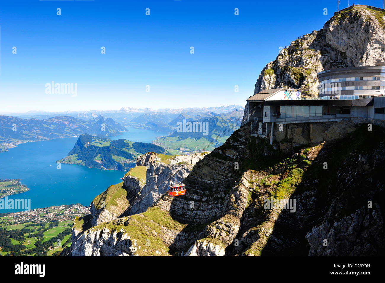 View of panorama gondola descending from the summit of Mount Pilatus, near Lucerne in central Switzerland. Stock Photo