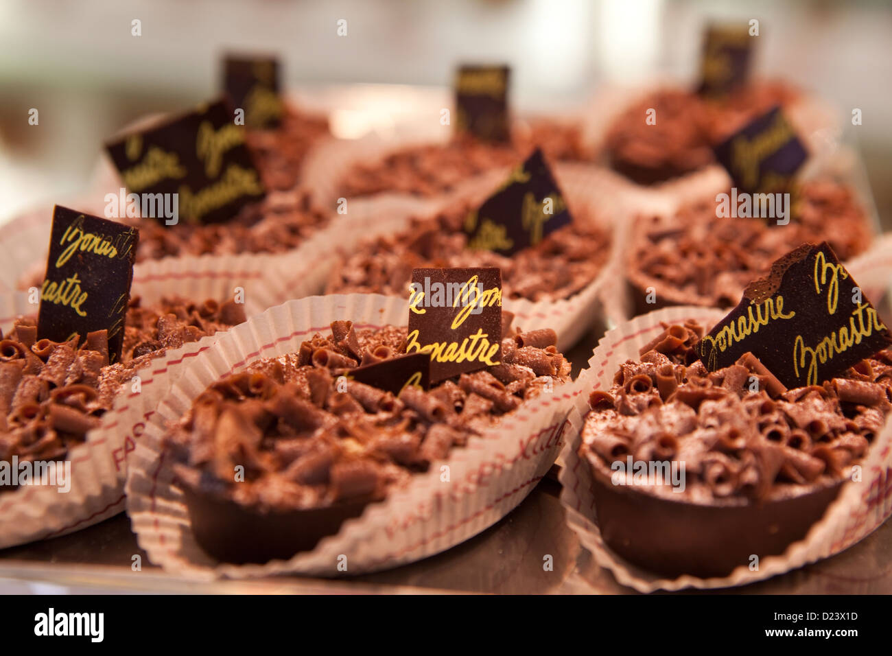 Traditional cakes at Bonastrert pastisserie in the Sant Antoni neighborhood in Barcelona, Spain. Stock Photo