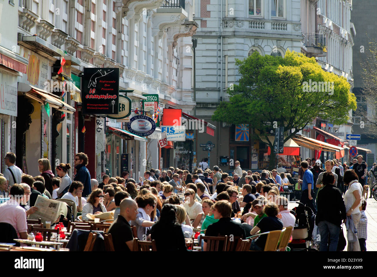 Hamburg, Germany, guests are seated in the outdoor cafes on the