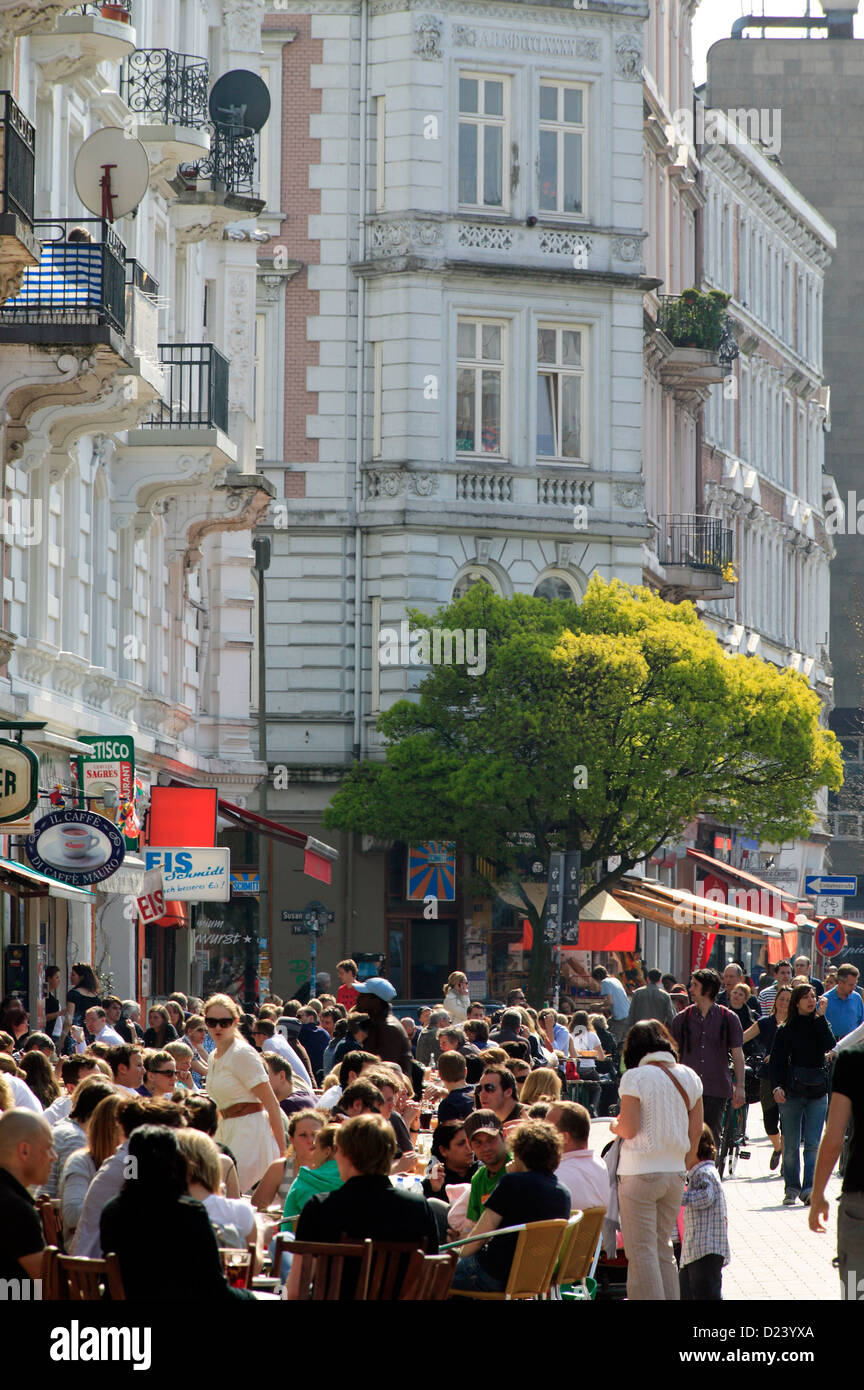 Hamburg, Germany, guests are seated in the outdoor cafes on the