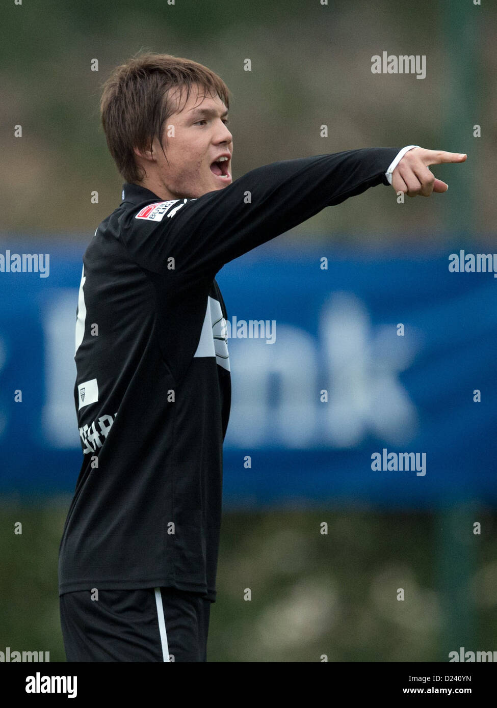 Stuttgart's Gotoku Sakai points to an opposing player during the friendly soccer match between Bundesliga soccer club VfB Stuttgart and Dutch Eredivisie soccer club RKC Waalwijk in Kardiye, Turkey, 11 January 2013. VfB Stuttgart ended their training camp with the match which ended 1-1 undecided. Photo: SOEREN STACHE Stock Photo