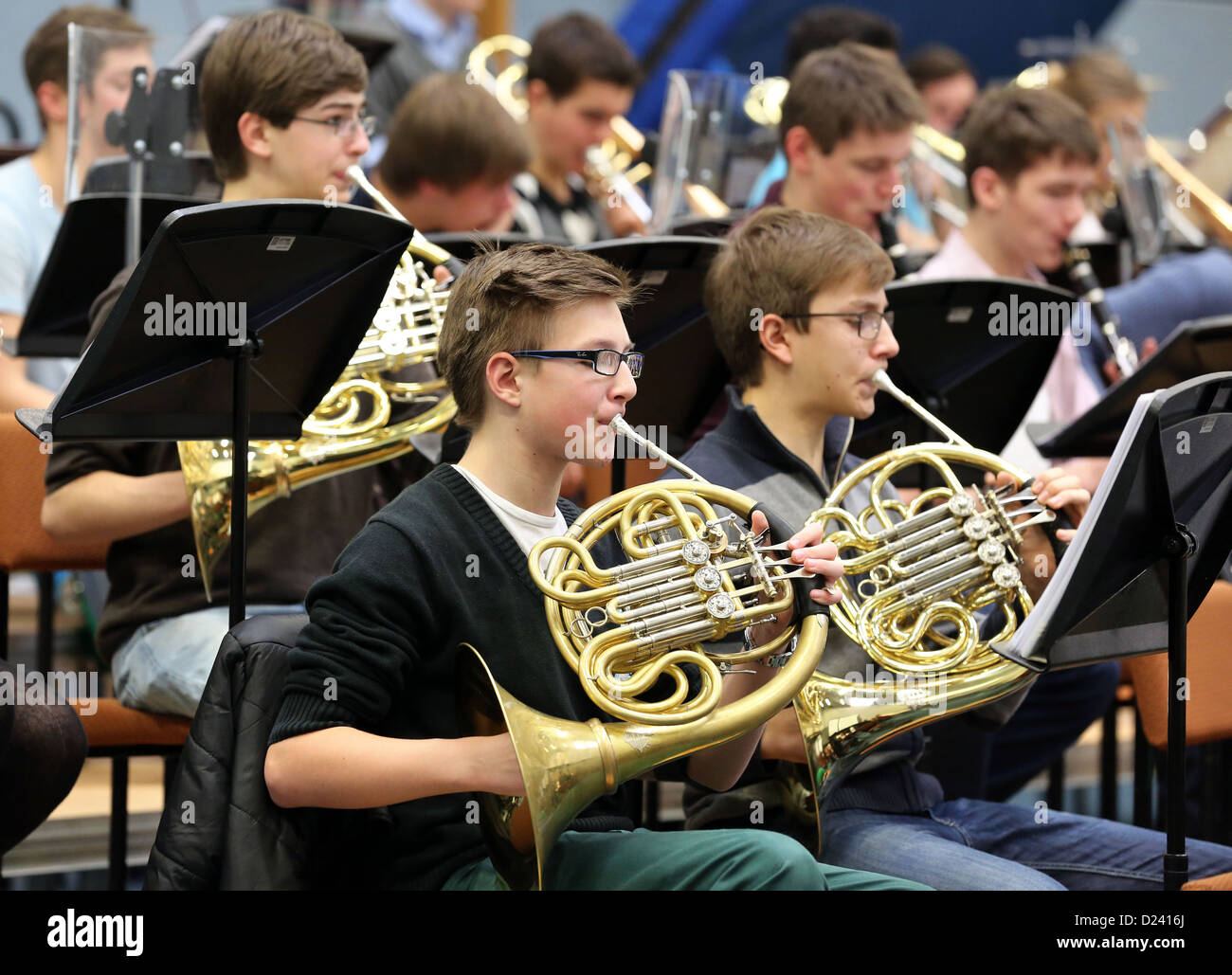Brass of the federal youth orchestra rehearse in Colditz, Germany, 7 January 2013. The principle conductor of Dresden's philharmonic orchestra will tour with them through Germany and Europa on 10 January 2013. Photo: Jan Woitas Stock Photo
