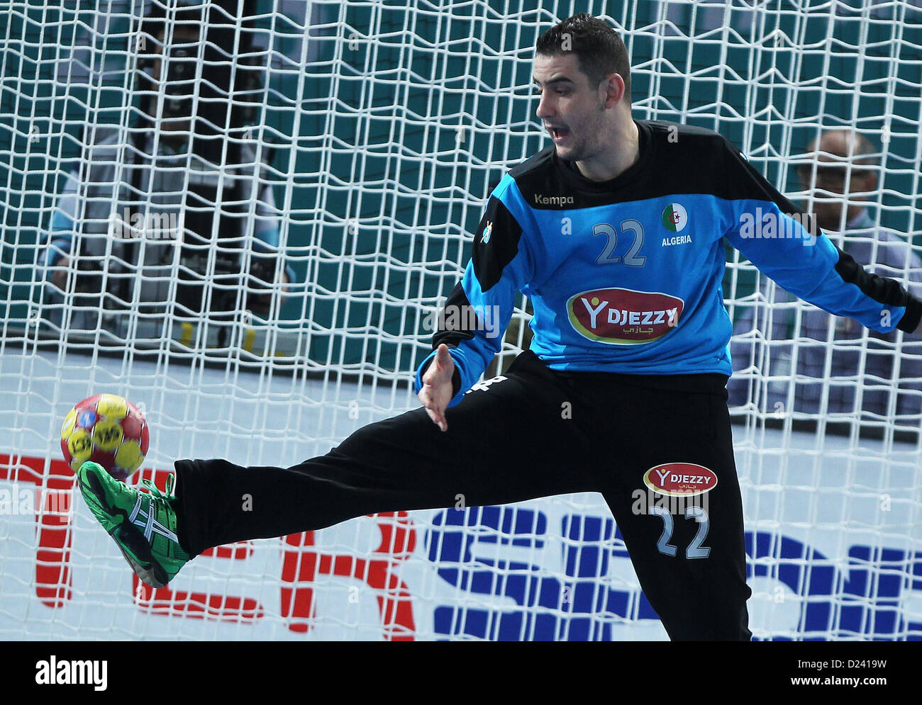 Goalkeeper Adel Bousmal of Algeria concedes a goal during the men's Handball World Championships main round match Spain vs Algeria in Madrid, Spain, 11 January 2013. Photo: Fabian Stratenschulte/dpa Stock Photo