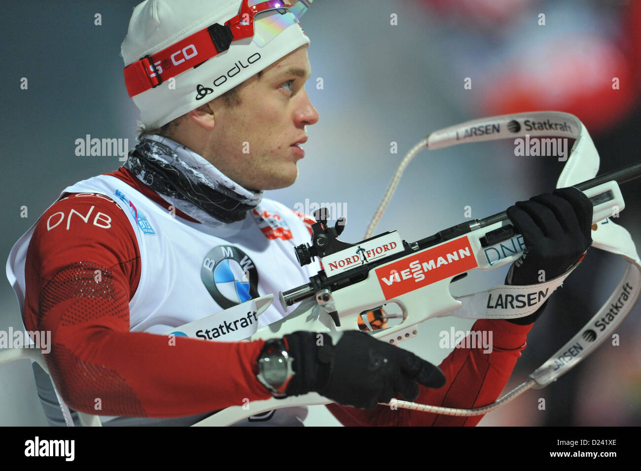 Norwegian biathlete Tarjei Boe stands at the shooting range during the men's 10 km sprint race of the Biathlon World Cup at Chiemgau Arena in Ruhpolding, Germany, 12 January 2013. Photo: Andreas Gebert Stock Photo