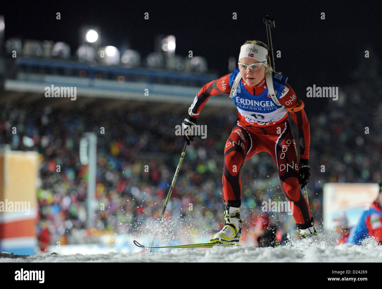 Norwegian biathlete Hilde Fenne skies during the women's sprint World Cup race at Chiemgau Arena in Ruhpolding, Germany, 11 January 2013. Photo: Andreas Gebert Stock Photo