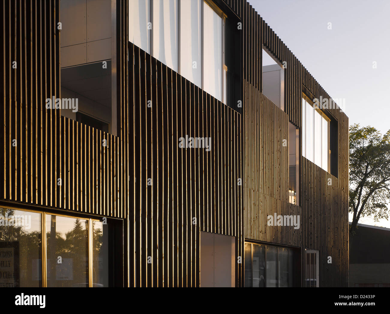 Bloc 10, Winnipeg, Canada. Architect: 5468796 Architecture, 2012. Detail of timber cladding with evening light. Stock Photo