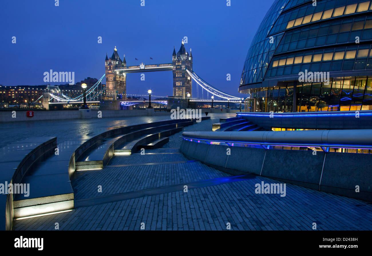 City Hall, southbank and Tower Bridge at dawn, London, England, Europe Stock Photo