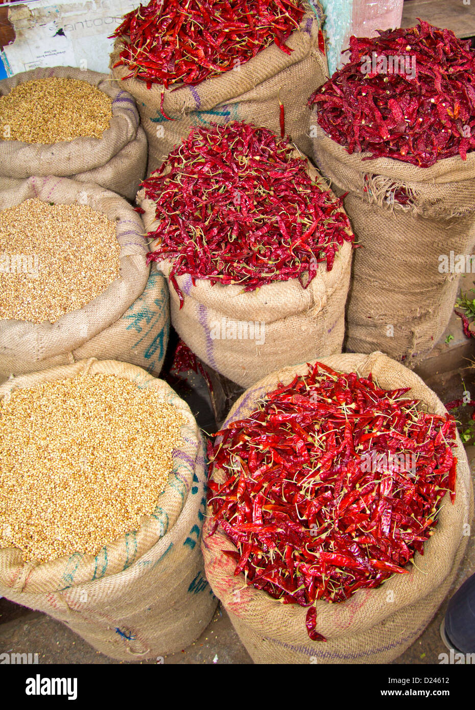 RED HOT CHILLIES IN SACKS  MYSORE MARKET INDIA Stock Photo