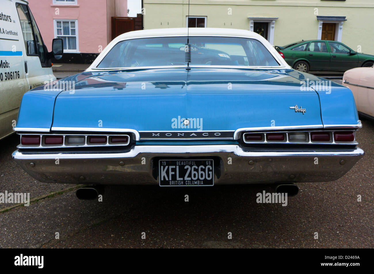 A blue Dodge Monaco car in the Brass Monkey Run 2012 from Brandon in Suffolk to Wells-next-the-Sea in Norfolk. Stock Photo